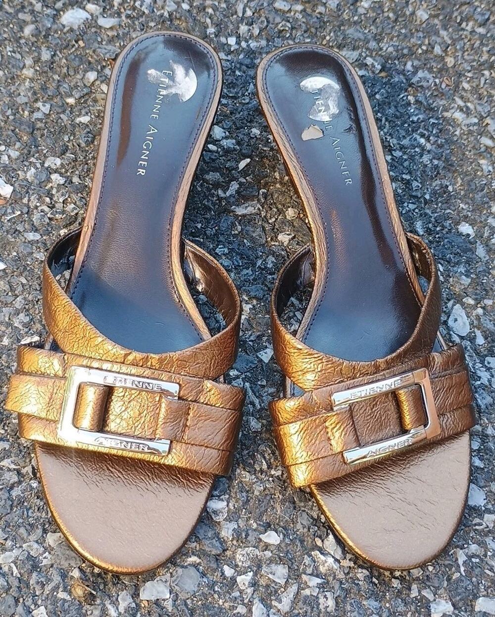Etienne Aigner Phase Slides open toe Sandals 2" Low Wedge Bronze Buckle 8.5 NICE